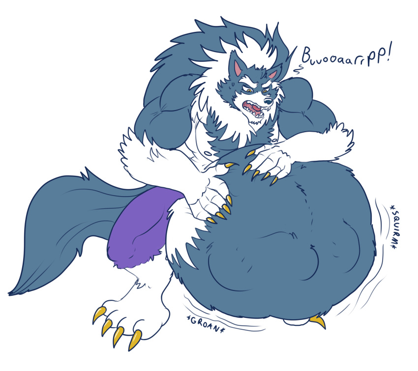 abdominal_bulge anthro belly big_belly blue_body blue_fur burping canid canine canis capcom darkstalkers eggo21 fur hand_on_stomach hi_res jon_talbain male mammal muscular muscular_male open_mouth rumbling_stomach same_size_vore video_games vore were werecanid werecanine werewolf wolf