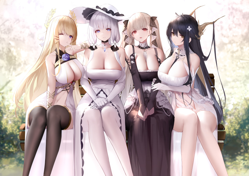 1girl 4girls absurdres an_yasuri azur_lane bangs banned_artist bare_shoulders black_dress black_eyes black_hair black_legwear blonde_hair blue_eyes breasts brown_eyes cleavage dress elbow_gloves feet_out_of_frame formidable_(azur_lane) gloves grey_hair hair_ornament hair_ribbon highres illustrious_(azur_lane) indomitable_(azur_lane) large_breasts long_hair looking_at_viewer multiple_girls one_eye_closed pantyhose parted_lips red_eyes ribbon sitting smile thighhighs thighs victorious_(azur_lane) white_gloves white_hair white_legwear yellow_eyes