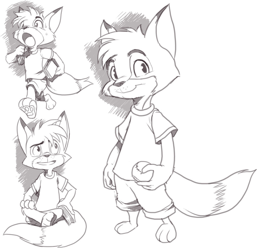 anthro ball baseball_(ball) black_nose book bottomwear canid canine clothed clothing fluffy fluffy_tail forestdale fox fur hi_res kyle_kendrics_(forestdale) male mammal monochrome nauyaco paws running shirt shorts simple_background smile solo topwear