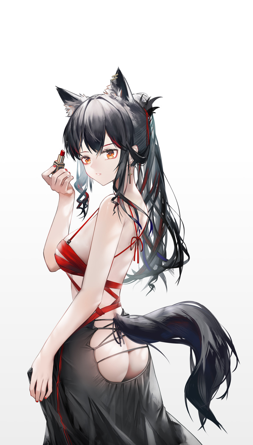 1girl animal_ear_fluff animal_ears arknights ass ass_cutout bangs bare_arms black_hair black_skirt breasts brown_eyes clothing_cutout cosmetics cross cross_earrings ear_piercing earrings from_side hand_up highres holding holding_lipstick_tube jewelry large_breasts lipstick_tube long_hair looking_to_the_side multicolored_hair nail_polish parted_lips piercing ponytail red_hair red_nails skirt solo streaked_hair tail texas_(arknights) wolf_ears wolf_girl wolf_tail yuuki_mix