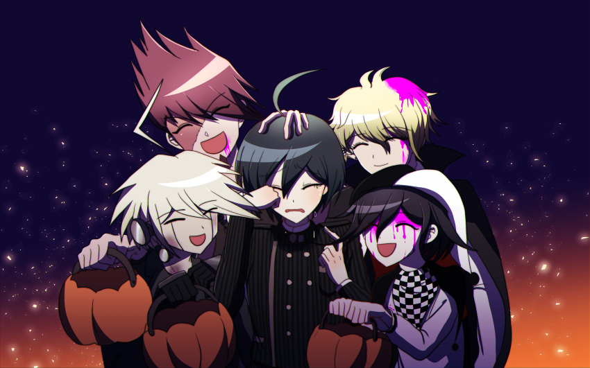 5boys :d absurdres amami_rantarou antenna_hair bangs basket black_hair black_jacket blood blood_in_hair blood_on_face buttons checkered_clothes checkered_scarf closed_eyes crying danganronpa_(series) danganronpa_v3:_killing_harmony double-breasted eyebrows_visible_through_hair hair_between_eyes halloween halloween_bucket hat highres holding holding_basket jacket jester_cap keebo momota_kaito multiple_boys open_mouth orange_background ouma_kokichi pink_blood pink_hair purple_background saihara_shuuichi scarf shiny shiny_hair short_hair smile spiked_hair star_(symbol) striped striped_jacket tansug_(tansuk88) vampire_costume zombie