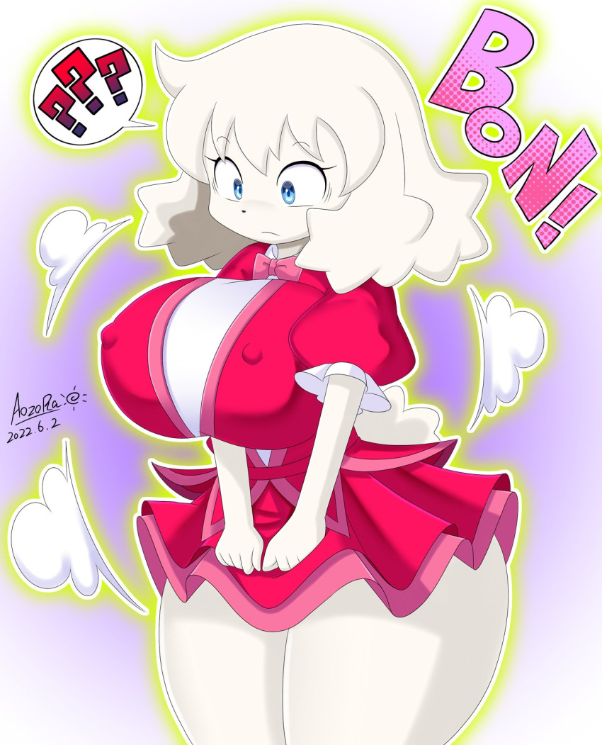 2022 anthro aozora_(tasogare_aozora) big_breasts blue_eyes bow_tie breast_expansion breasts canid canine canis clothed clothing constricted_pupils curvy_figure domestic_dog dress english_text expansion female frown fur hair hi_res huge_breasts kemono looking_down mammal nipple_outline odd_taxi poodle pupils question_mark rui_nikaido_(odd_taxi) short_dress simple_background small_pupils smoke solo sound_effects text thick_thighs thigh_expansion voluptuous white_body white_fur white_hair wide_hips