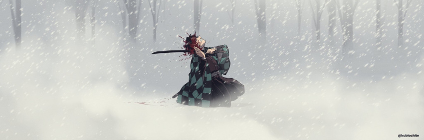 1boy belt black_hair black_pants blood blood_splatter clenched_teeth covered_eyes dalc_rose facing_up forest from_side hands_up haori highres holding holding_sword holding_weapon japanese_clothes kamado_tanjirou katana kimetsu_no_yaiba long_sleeves male_focus motion_blur nature one_knee outdoors pants short_hair slit_throat snow snowing solo spoilers suicide sword teeth twitter_username unsheathed weapon wide_shot wide_sleeves wind