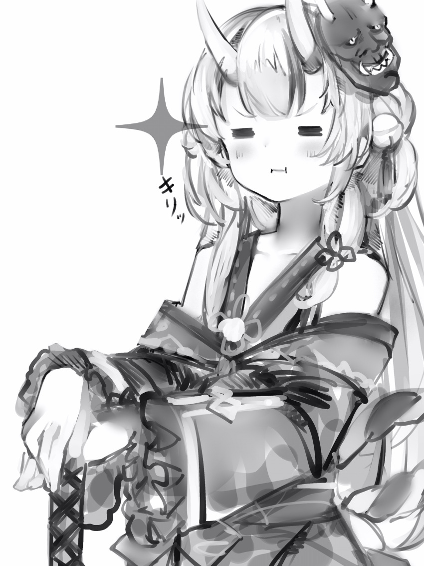 1girl :i =_= bell blush flat_chest greyscale hair_bell hair_ornament hands_on_hilt highres hololive horns japanese_clothes jingle_bell kimono long_hair long_sleeves mask mask_on_head monochrome nakiri_ayame nanashi_(nlo) oni oni_horns oni_mask simple_background solo upper_body virtual_youtuber white_background