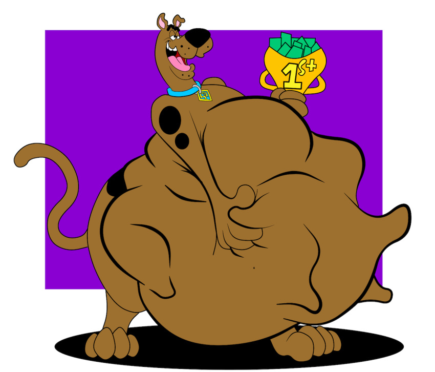 abdominal_bulge award belly big_belly brown_body brown_fur canid canine canis collar domestic_dog feral fur great_dane hand_on_stomach hanna-barbera male mammal mastiff molosser nine-the-foxaroo open_mouth same_size_vore scooby-doo scooby-doo_(series) tongue trophy vore