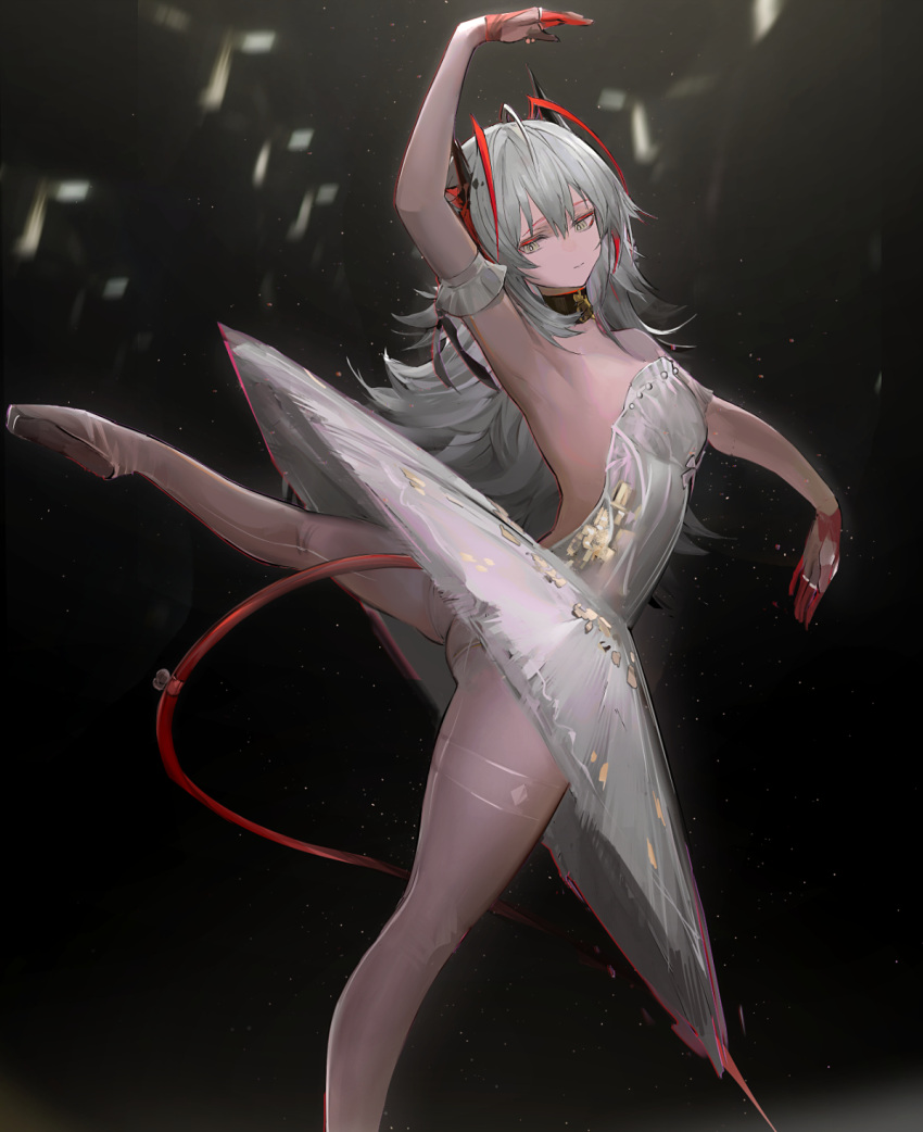 1girl alternate_costume alternate_hair_length alternate_hairstyle antenna_hair arknights arm_up armpits ass ballerina ballet black_background closed_mouth dancing demon_girl demon_horns demon_tail detached_collar detached_sleeves gradient gradient_background grey_eyes grey_hair grey_legwear highres horns koio leg_up leotard light_particles long_hair looking_down multicolored_hair pantyhose red_hair short_sleeves solo strapless strapless_leotard symbol-only_commentary tail tutu two-tone_hair w_(arknights) white_leotard