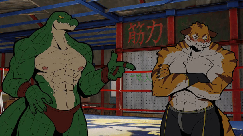 2022 abs animated anthro blush ceehaz clothed clothing countershade_torso countershading crocodile crocodilian crocodylid crossed_arms dating_sim dialogue duo english_text felid finger_gun flirting fur gameplay_mechanics gesture green_body green_scales helm_(connivingrat) male mammal muscular muscular_male nipples orange_body orange_fur pantherine pecs reptile scales scalie stead_(connivingrat) striped_body striped_fur stripes text text_box tiger topless topless_male white_body white_fur