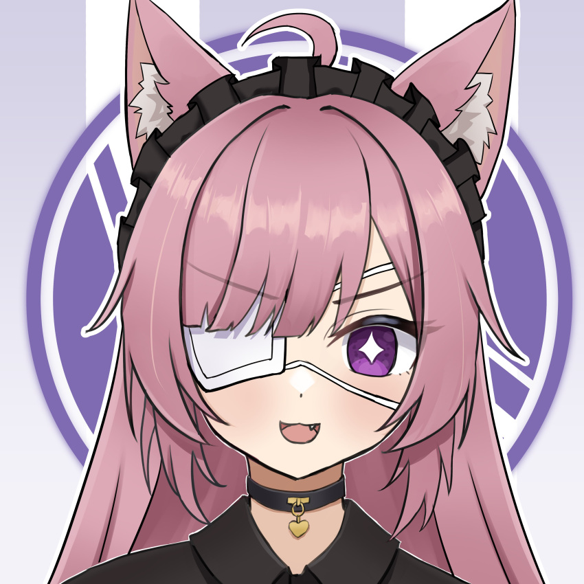 1girl :3 absurdres ahoge animal_ears bangs cat_ears close-up collar emblem eyebrows_visible_through_hair eyepatch face highres indie_virtual_youtuber lavender_background long_hair looking_at_viewer mikeneko_(utaite) purple_eyes sidelocks simple_background smile sparkling_eyes striped striped_background water_(pixiv_55477293)