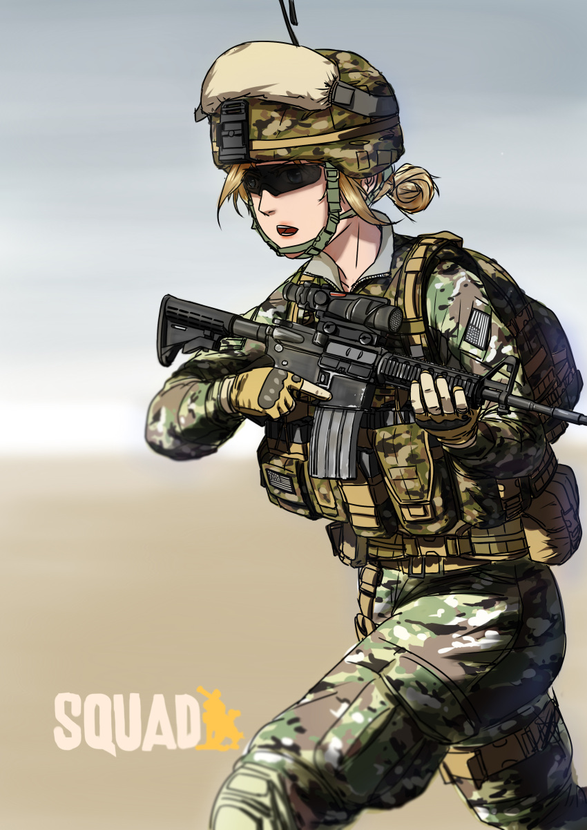 1girl absurdres american_flag assault_rifle backpack bag belt belt_pouch blonde_hair blue_eyes brown_bag brown_gloves bulletproof_vest camouflage camouflage_bag camouflage_headwear camouflage_jacket camouflage_pants chin_strap english_commentary gloves gun hair_bun helmet highres holding holding_gun holding_weapon jacket knee_pads knees_up military_helmet nose open_mouth original pants pouch rifle running scope soldier solo sunglasses tactical_clothes teeth thigh_belt thigh_strap tudou_jun weapon weapon_request