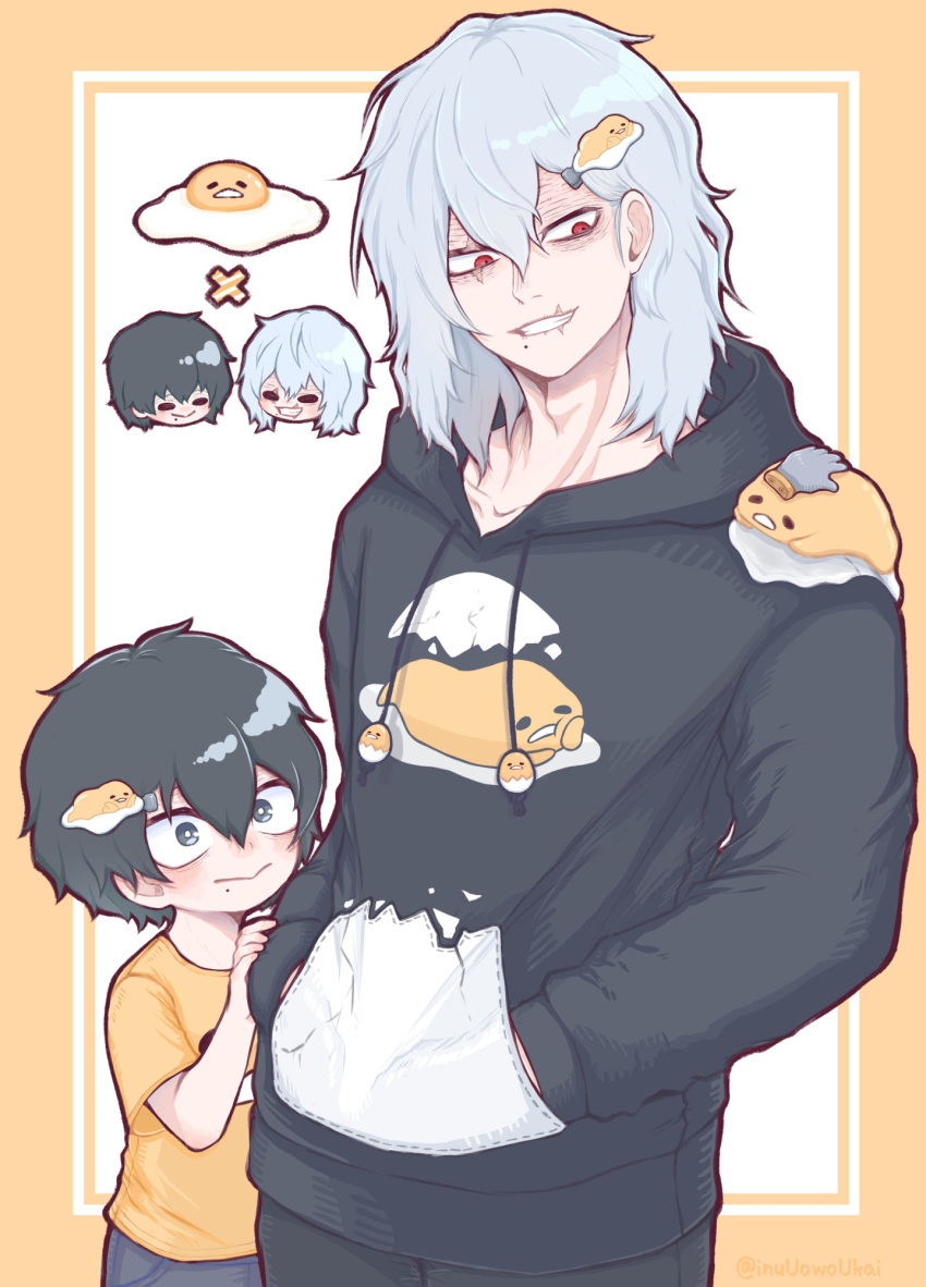 3boys :&gt; age_progression bangs black_hair black_hoodie black_pants blush boku_no_hero_academia border character_hair_ornament character_print child creature crossover disembodied_limb drawstring dual_persona egg eggshell grey_eyes grey_hair gudetama hair_between_eyes hair_ornament hand_on_another's_arm hands_in_pockets head_rest highres hood hood_down hoodie inukai_(inuuowoukai) long_sleeves looking_at_another lying male_child medium_hair messy_hair mole mole_under_mouth multiple_boys on_stomach outside_border pants print_hoodie scar scar_across_eye scar_on_face scar_on_mouth shigaraki_tomura shirt short_hair short_sleeves simple_background smile standing time_paradox white_background yellow_border yellow_shirt younger