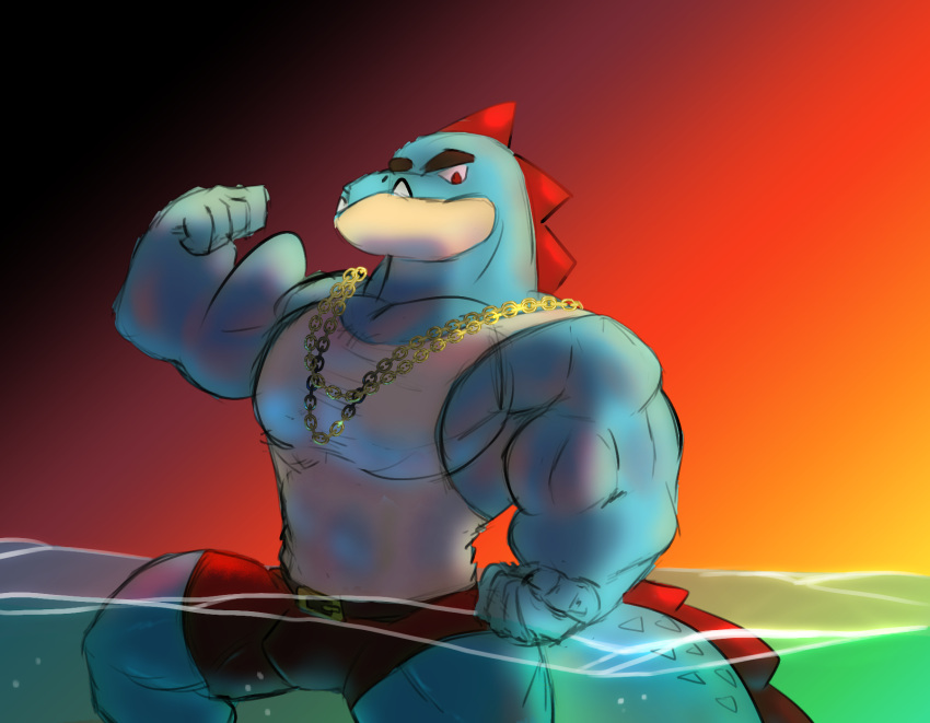 anthro belt bottomwear brute cenies chain chain_collar clothing collar feraligatr flexing grin hi_res himbo hotpants humanoid male muscular nintendo pecs pok&eacute;mon pok&eacute;mon_(species) scalie sea seaside shirt shorts smile solo tank_top topwear translucent translucent_clothing tusks video_games water wet