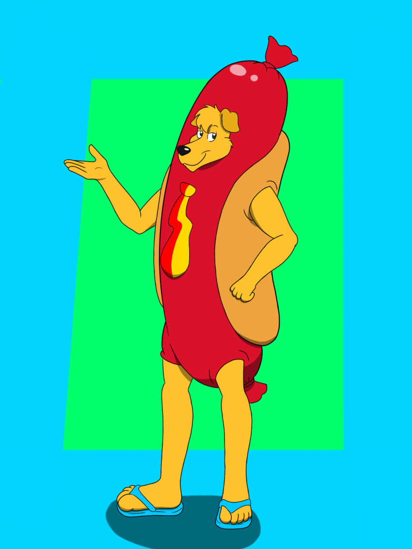 3:4 anthro bird_dog canid canine canis clothing costume domestic_dog food food_costume golden_retriever hi_res hot_dog hot_dog_costume hunting_dog included ingredients ingredients_not_included kigtoons male mammal mayor_golden not penmark retriever solo