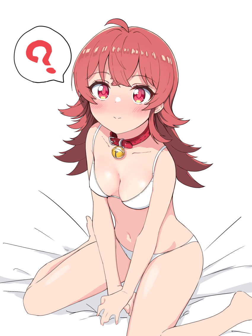 1girl ? absurdres ahoge bed_sheet bell blush bra breasts highres idolmaster idolmaster_shiny_colors komiya_kaho leather_choker looking_at_viewer medium_breasts navel neck_bell own_hands_together panties red_eyes red_hair simple_background sitting smile solo spoken_question_mark tatsuya_(tatuya031200) underwear underwear_only wariza white_bra white_panties