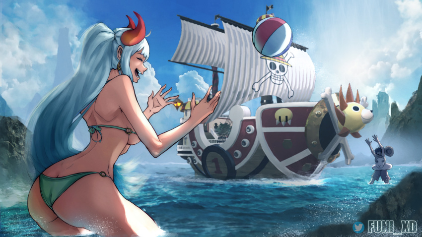 1boy 1girl arms_up ass back ball bangs beachball bikini black_hair blue_sky breasts butt_crack closed_eyes cloud day earrings funi_xd hands_up hat hat_removed headwear_removed high_ponytail highres horns jewelry jolly_roger leaning_forward long_hair male_swimwear monkey_d._luffy multicolored_horns ocean one_piece oni open_mouth orange_horns outdoors pirate_ship red_horns sailing_ship ship short_hair shoulder_blades sideboob sidelocks skull_and_crossbones sky smile straw_hat swim_trunks swimsuit topless_male very_long_hair wading water watercraft white_hair yamato_(one_piece)