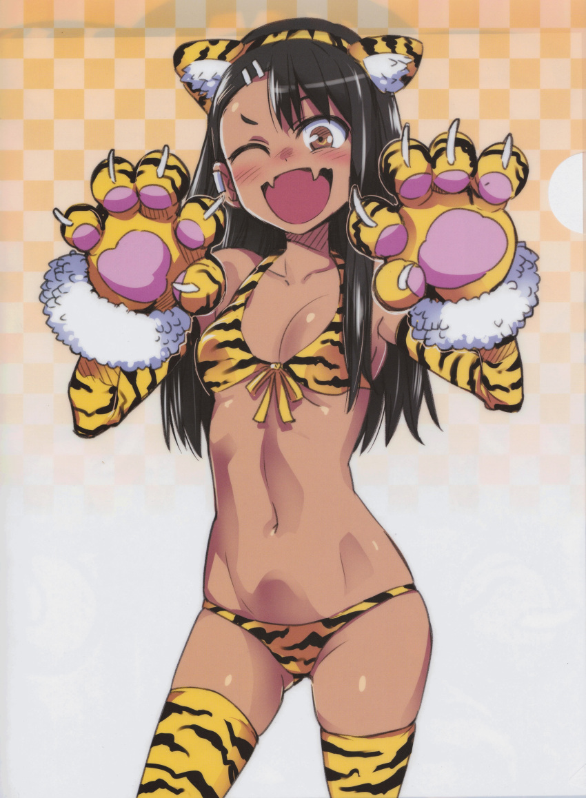 1girl absurdres animal_hands black_hair breasts brown_eyes checkered checkered_background cleavage gloves grin hair_ornament hairclip headband highres ijiranaide_nagatoro-san long_hair nagatoro_hayase official_art one_eye_closed open_mouth paw_gloves smile solo tooth