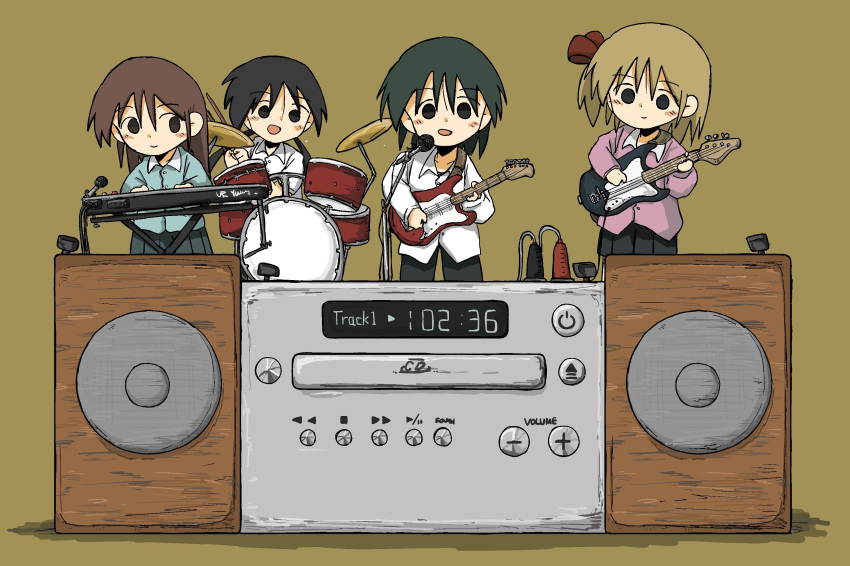 4girls :d band black_hair blonde_hair brown_hair cd_player drum drum_set electric_guitar green_hair guitar highres instrument keyboard_(instrument) kishimen_udn long_hair microphone minigirl multiple_girls music original playing_instrument side_ponytail simple_background smile speaker stereo twintails