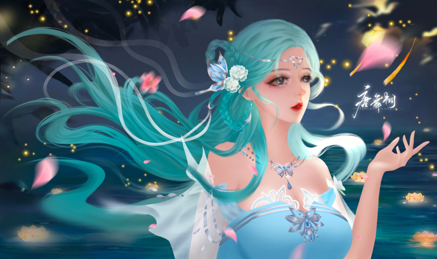 1girl absurdres arm_up bare_shoulders blue_dress douluo_dalu dress falling_petals flower from_side hair_ornament highres lantern light long_hair lotus night petals solo tang_wutong_(douluo_dalu) tang_wutong_tongren_she water