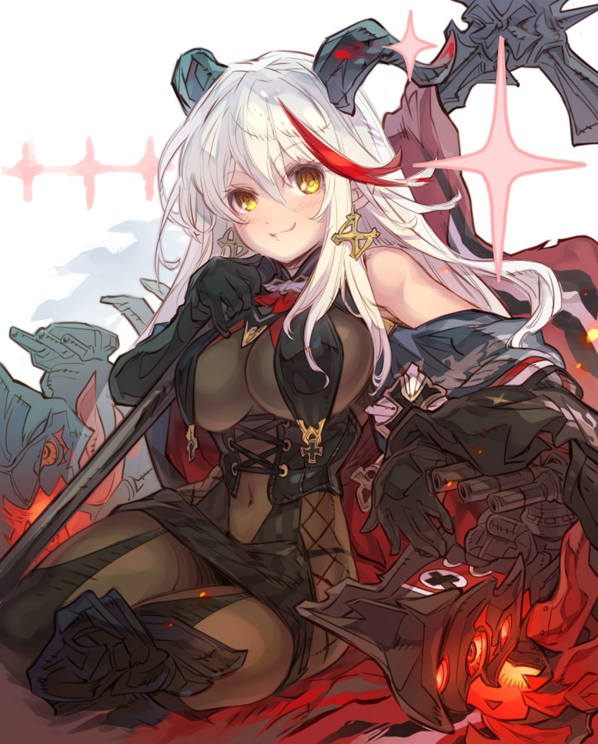 1girl aegir_(azur_lane) asymmetrical_footwear azur_lane black_cape black_gloves bodystocking boots breast_curtains breasts cape commission cross cross-laced_clothes cross_earrings demon_horns earrings gloves haku_(sabosoda) highres holding holding_polearm holding_weapon horns iron_cross jewelry knee_boots large_breasts long_hair looking_at_viewer multicolored_hair polearm red_hair rigging simple_background single_knee_boot skeb_commission smile solo streaked_hair two-tone_hair underbust uneven_footwear weapon white_background white_hair yellow_eyes