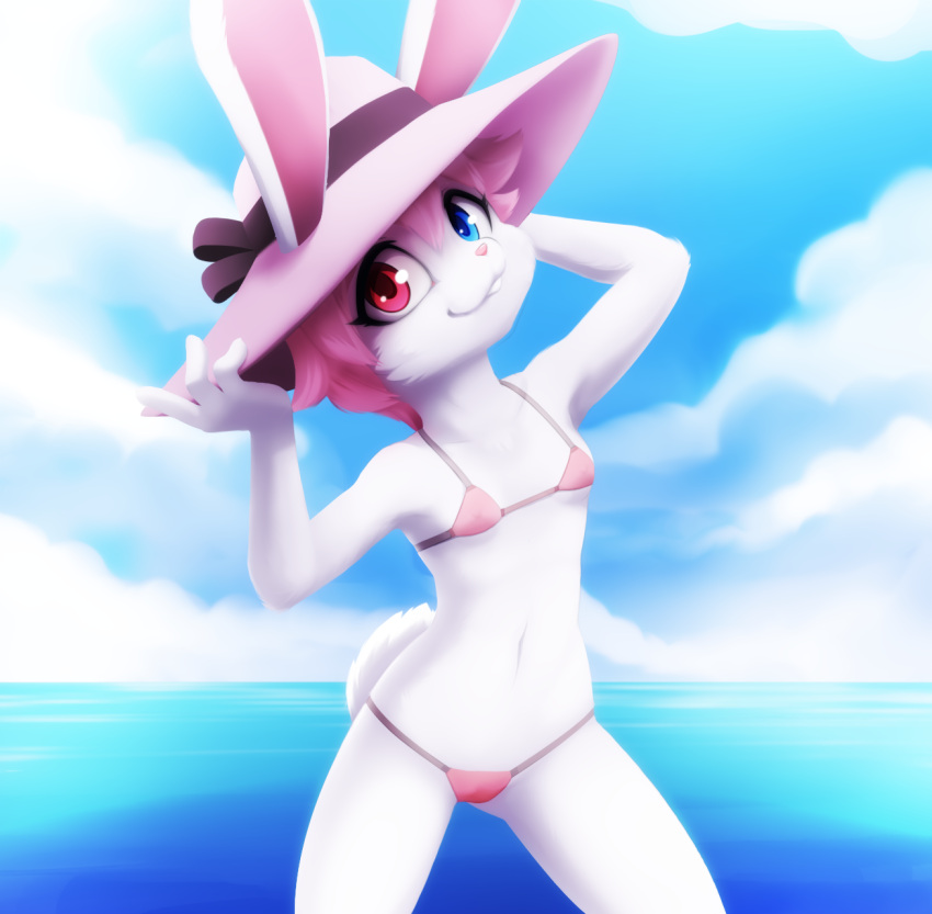 anthro beach bikini clothing darkmirage female flat_chested hat headgear headwear hi_res lagomorph leporid looking_at_viewer mammal rabbit seaside solo swimwear