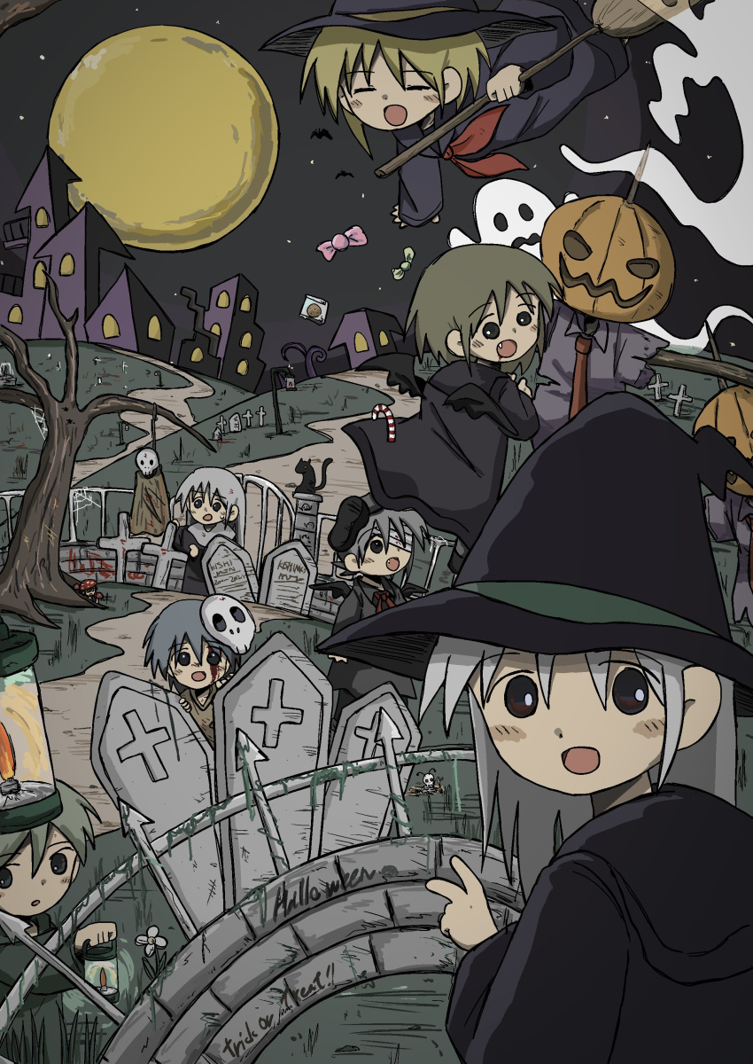 6+girls :d absurdres animal bare_tree blonde_hair broom cat eyepatch fang full_moon ghost graveyard grey_hair halloween hat highres jack-o'-lantern kishimen_udn lantern long_hair mask mask_on_head moon multiple_girls night original scarecrow smile tombstone tree v witch witch_hat