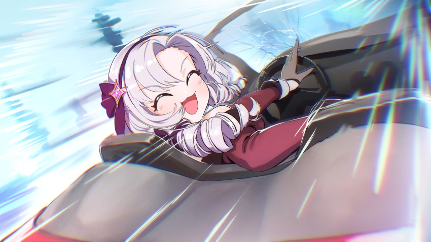 1girl :d absurdres bangs blush car closed_eyes drill_hair facing_back floating_hair from_behind gloves grey_gloves ground_vehicle hairband highres hyakumantenbara_salome long_hair long_sleeves motion_lines motor_vehicle nijisanji purple_hair purple_hairband seigetsu_kotaku smile solo virtual_youtuber