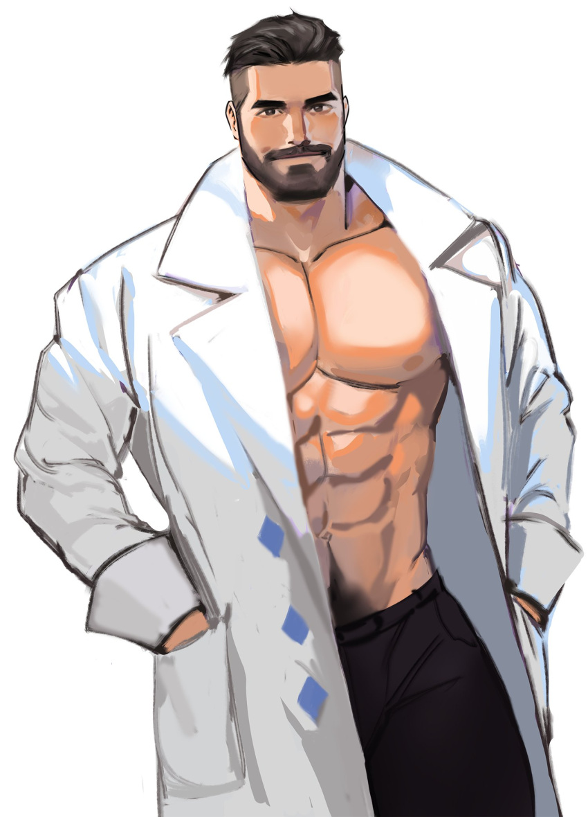 1boy abs bara bare_pectorals beard black_hair black_pants closed_mouth facial_hair hands_in_pockets highres jang_ju_hyeon labcoat looking_at_viewer male_focus muscular muscular_male navel nipples open_clothes open_labcoat pants pectorals pokemon pokemon_(game) pokemon_sv short_hair simple_background smile solo turo_(pokemon) undercut white_background