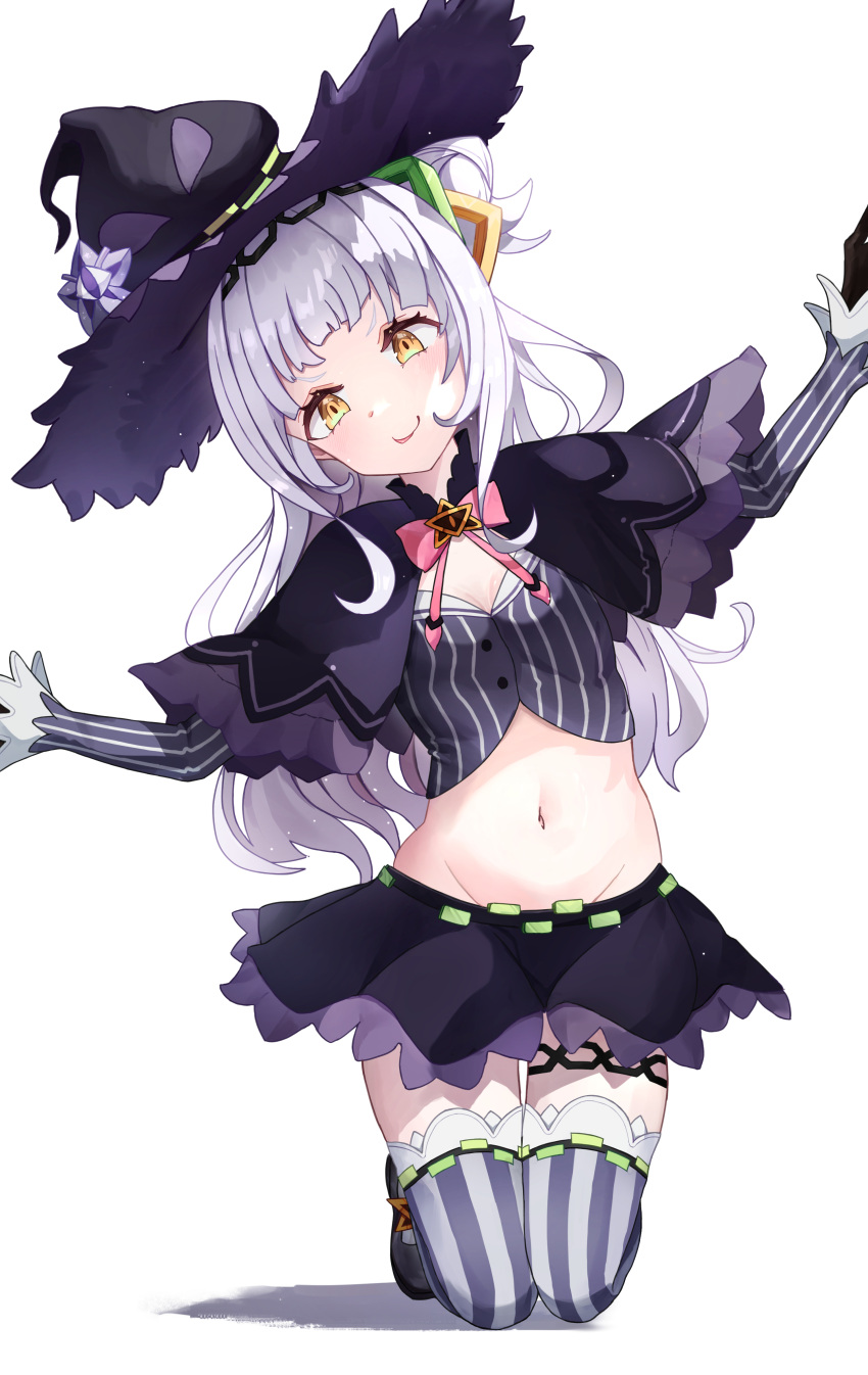 1girl absurdres artist_request bangs black_capelet black_headwear blunt_bangs breasts capelet cone_hair_bun cropped_shirt gloves grey_hair groin hair_ornament half_updo hat highres hololive long_hair long_sleeves midriff murasaki_shion navel pinstripe_pattern pinstripe_shirt shirt short_eyebrows side_bun sidelocks skirt small_breasts solo striped striped_shirt thighhighs vertical-striped_shirt vertical_stripes virtual_youtuber witch witch_hat yellow_eyes