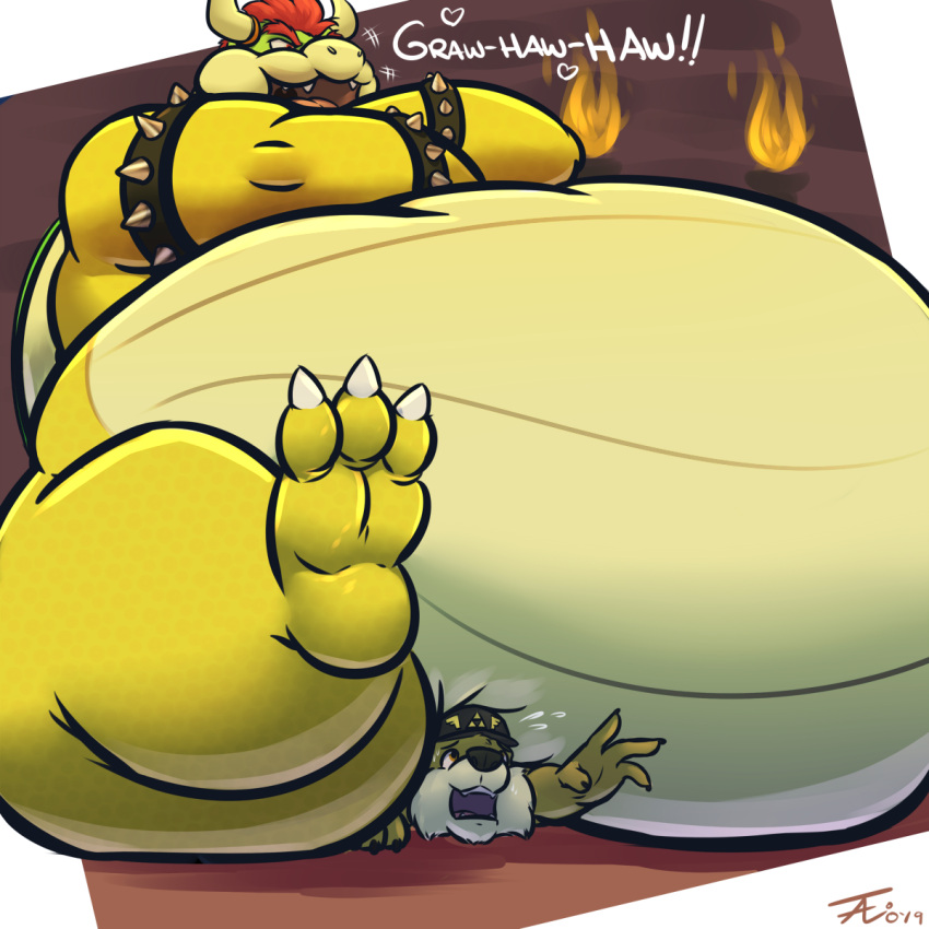 anthro barefoot belly big_belly bowser canid canine canis coyote crossed_arms duo feet hair hi_res koopa male male/male mammal mario_bros morbidyl_obese nintendo obese open_mouth overweight overweight_male red_hair reptile scalie size_difference smothering tanio turtle video_games