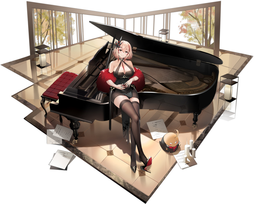 1girl artist_request azur_lane bangs black_footwear blonde_hair bracelet breasts brown_eyes cleavage cup dress drinking_glass feather_boa grand_piano hair_between_eyes hair_ornament halter_dress halterneck high_heels highres holding holding_cup instrument jewelry large_breasts manjuu_(azur_lane) medium_hair multicolored_hair multiple_rings official_art parted_lips piano red_hair ring roon_(azur_lane) roon_(viridescent_lullaby)_(azur_lane) short_dress sitting solo streaked_hair thighhighs tight tight_dress tile_floor tiles transparent_background two-tone_hair wine_glass