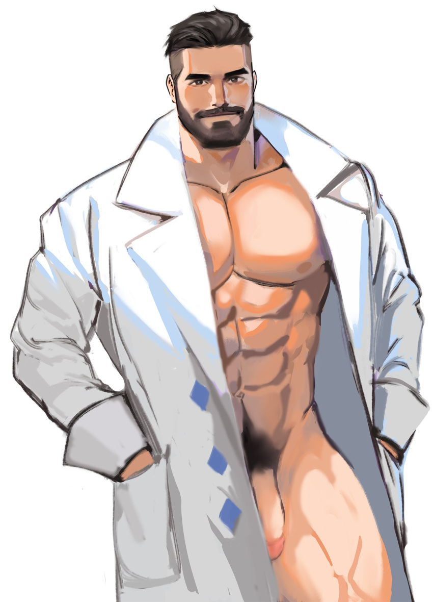 1boy abs bara bare_pectorals beard black_hair bottomless closed_mouth facial_hair flaccid hands_in_pockets highres jang_ju_hyeon labcoat looking_at_viewer male_focus male_pubic_hair muscular muscular_male naked_labcoat navel nipples open_clothes open_labcoat pectorals penis pokemon pokemon_(game) pokemon_sv pubic_hair short_hair simple_background smile solo turo_(pokemon) undercut white_background