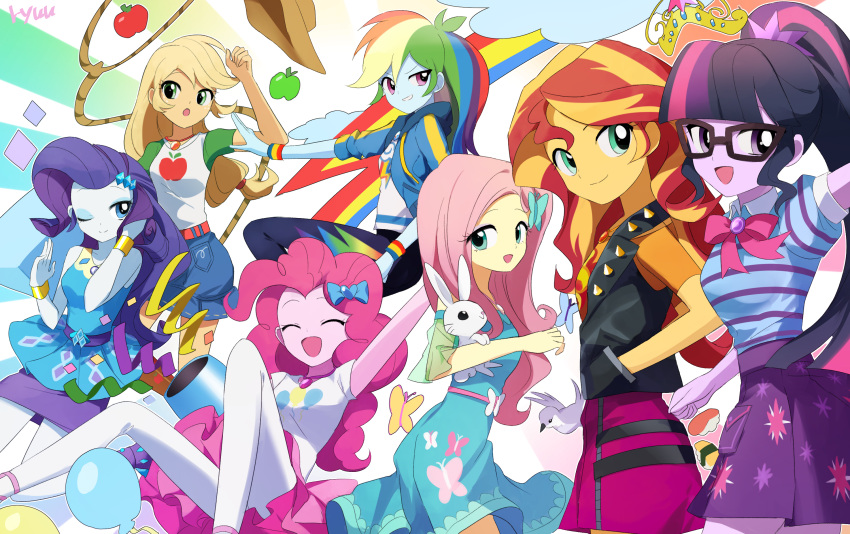 6+girls angel_bunny applejack bird blonde_hair bug butterfly butterfly_hair_ornament closed_eyes collar colored_skin cowboy_hat crown fluttershy glasses hair_ornament hat highres jacket lasso long_hair multicolored_hair multiple_girls my_little_pony my_little_pony_equestria_girls orange_hair pants pantyhose party_cannon pinkie_pie ponytail purple_hair rabbit rainbow rainbow_dash rainbow_hair rarity red_hair ryuu sci-twi shirt skirt smile spiked_collar spikes streaked_hair sunset_shimmer twilight_sparkle