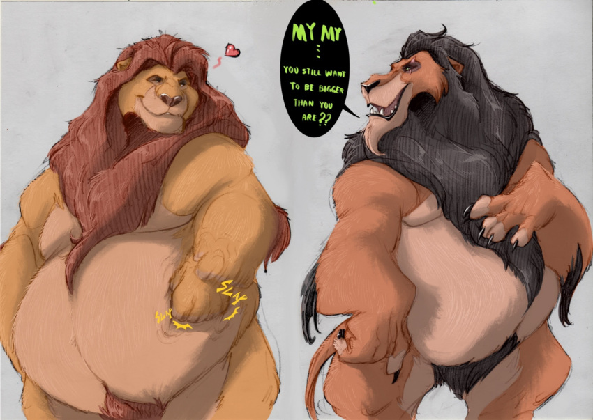 &lt;3 anthro belly big_belly dialogue disney duo felid hauoli47 lion male male/male mammal mane mufasa obese overweight overweight_male pantherine scar_(the_lion_king) the_lion_king