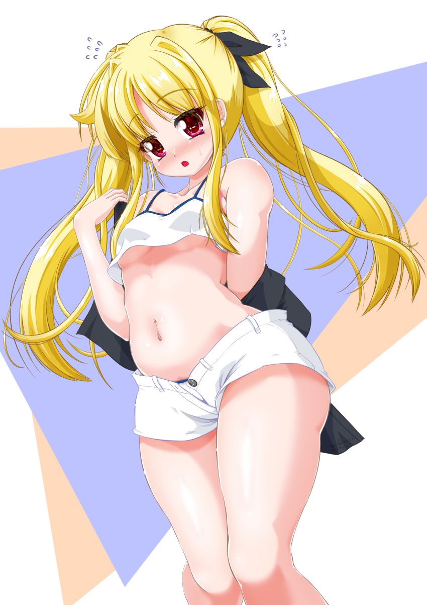 1girl bare_shoulders blonde_hair breasts crop_top crop_top_overhang fate_testarossa highres long_hair looking_at_viewer lyrical_nanoha mahou_shoujo_lyrical_nanoha midriff misril navel open_fly red_eyes shiny shiny_hair shiny_skin short_shorts shorts sleeveless small_breasts solo standing thighs twintails underboob white_shorts