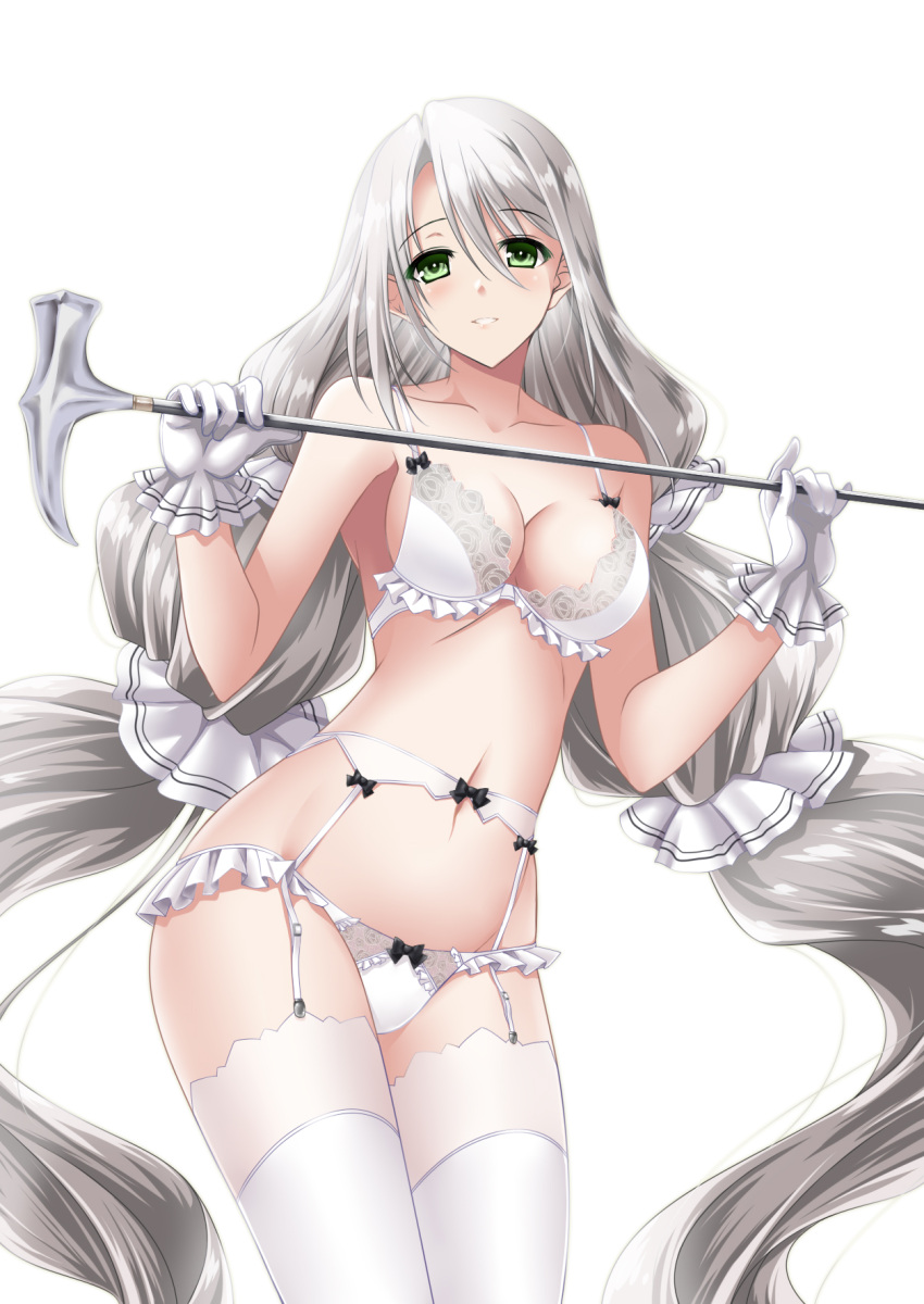 1girl aquila_(azur_lane) azur_lane bra breasts cane gloves green_eyes grey_hair highres holding holding_cane lace-trimmed_bra lace-trimmed_panties lace_trim lingerie long_hair looking_at_viewer low_twintails medium_breasts panties sashimori5 simple_background solo thighhighs twintails underwear underwear_only very_long_hair white_background white_bra white_garter_belt white_gloves white_legwear white_panties
