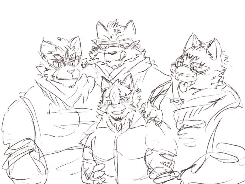 anthro canid canine canis eyewear felid feline group hand_on_arm hand_on_shoulder hand_on_side hi_res imminent_sex licking licking_lips lynx male mammal mercenary_villain_(live-a-hero) neck_scarf sadayoshi sunglasses tongue tongue_out wolf yunu38