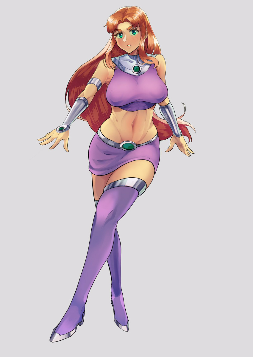 1girl bracer breasts covered_nipples dc_comics green_eyes highres jewelry large_breasts long_hair midriff miniskirt navel red_hair simple_background skirt solo sonparesu starfire tan teen_titans thighhighs very_long_hair white_background wide_hips zettai_ryouiki