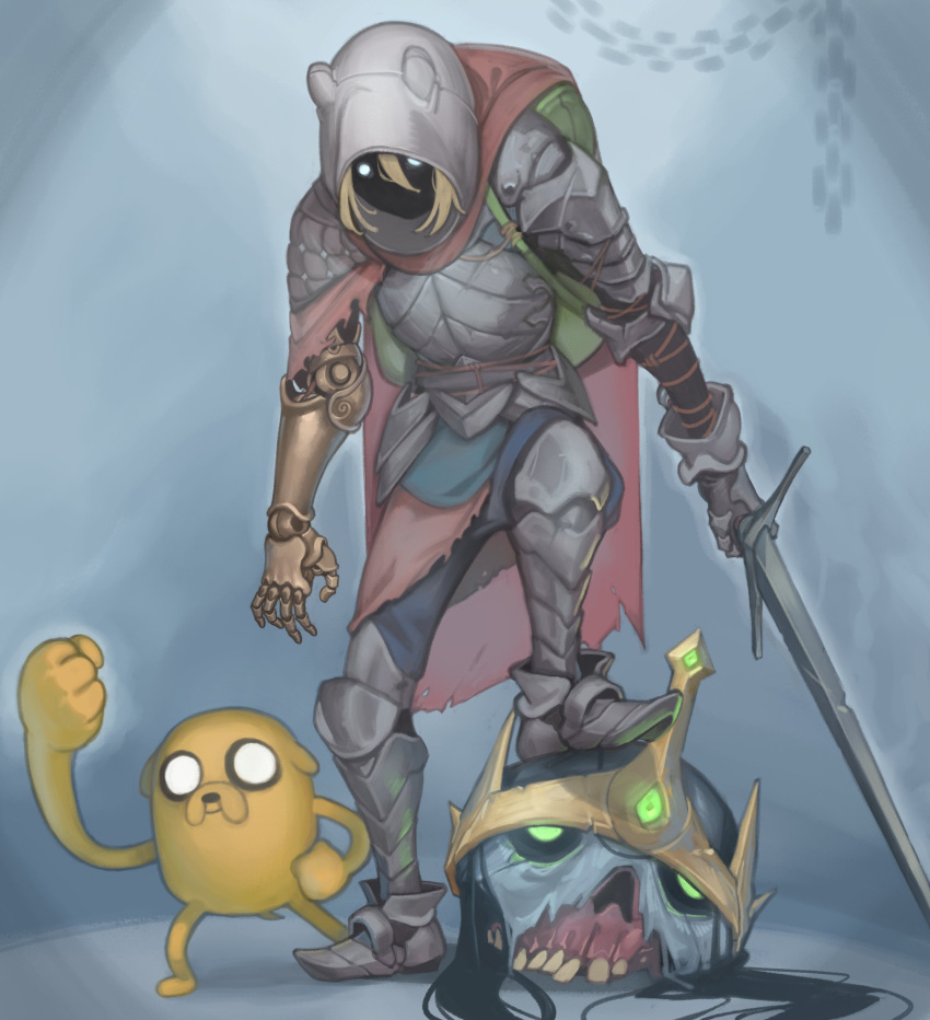 2boys absurdres adventure_time animal animal_ears arm_up armor backpack bag blonde_hair blue_eyes blue_shirt blue_shorts boots breastplate clenched_hand coat crown dog dog_ears dog_nose faceless faceless_male finn_the_human fur gem glowing glowing_eyes green_bag green_eyes green_gemstone hand_up head highres hood jake_the_dog jewelry kelvin_hiu knight lich_(adventure_time) light_blue_eyes mechanical_arms multiple_boys severed_head shirt shorts single_mechanical_arm skull smile sword teeth weapon white_hood yellow_fur