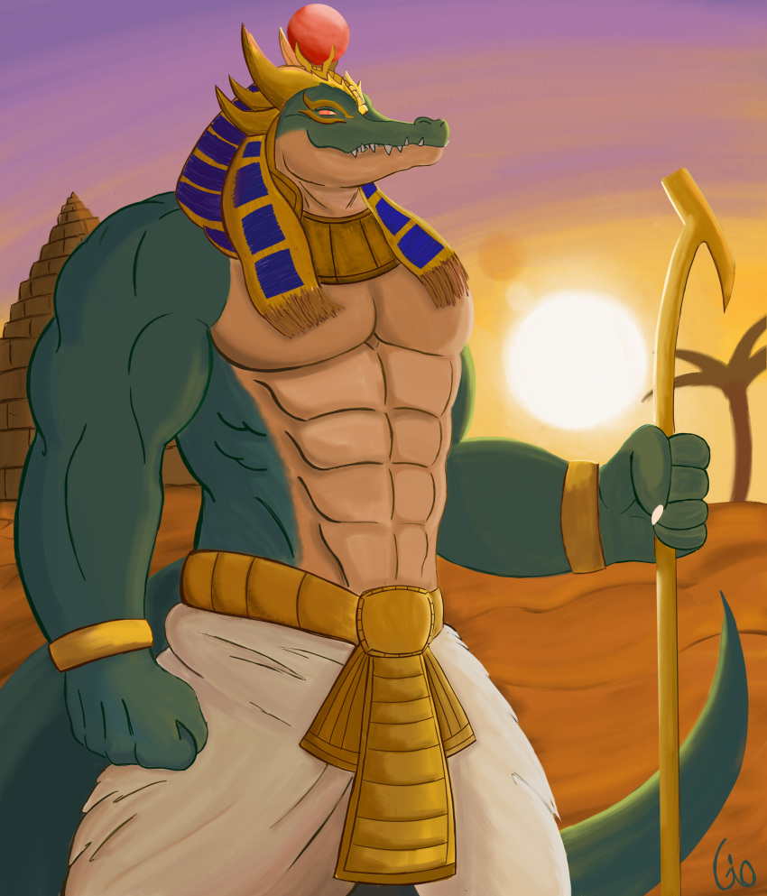 abs absurd_res anthro crocodile crocodilian crocodylid deity desert egyptian_mythology gio-joe gold_(metal) gold_jewelry hi_res jewelry male middle_eastern_mythology muscular muscular_male mythology pecs pyramid reptile scalie sobek solo staff sunset