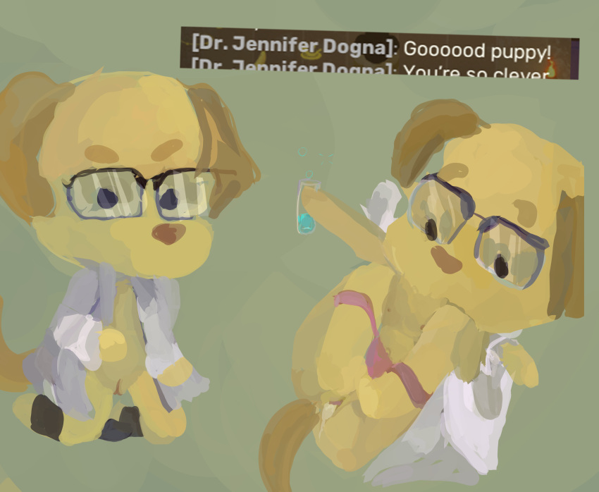 absurd_res anthro bodily_fluids canid canine canis clothed clothing coat cum cum_in_pussy cum_inside doctor domestic_dog dr._jennifer_dogna eyewear female genital_fluids genitals glasses hi_res lab_coat laboratory_equipment laboratory_glassware mammal miaucandies panties panties_down partially_clothed pussy scientific_instrument scientist simple_background solo super_animal_royale topwear underwear underwear_down