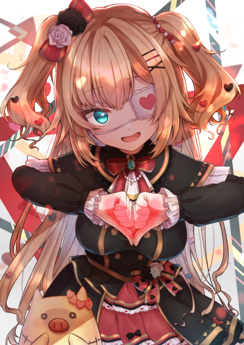 1girl akai_haato aqua_eyes black_capelet black_coat blonde_hair bow breasts capelet coat dress eyepatch flower frilled_capelet frills gothic_lolita haaton_(akai_haato) hair_bow hair_flower hair_ornament hairclip heart heart_eyepatch heart_hair_ornament highres hololive kuwaefuru layered_dress lolita_fashion long_hair long_sleeves looking_at_viewer medical_eyepatch medium_breasts red_dress solo two_side_up very_long_hair virtual_youtuber