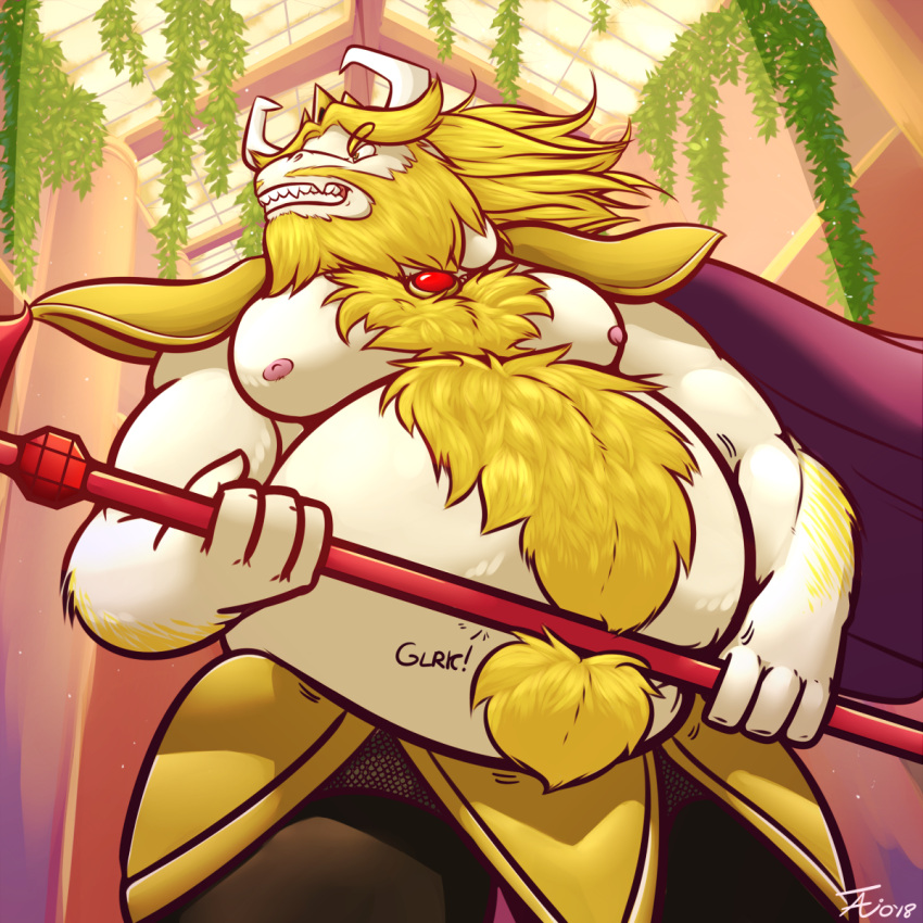 anthro asgore_dreemurr beard belly big_belly blonde_hair body_hair boss_monster bovid cape caprine chest_hair clothing crown facial_hair fur goat hair happy_trail hi_res horn male mammal melee_weapon monster moobs muscular muscular_male nipples overweight overweight_male polearm royalty same_size_vore sharp_teeth solo tanio teeth trident undertale undertale_(series) video_games vore weapon white_body white_fur