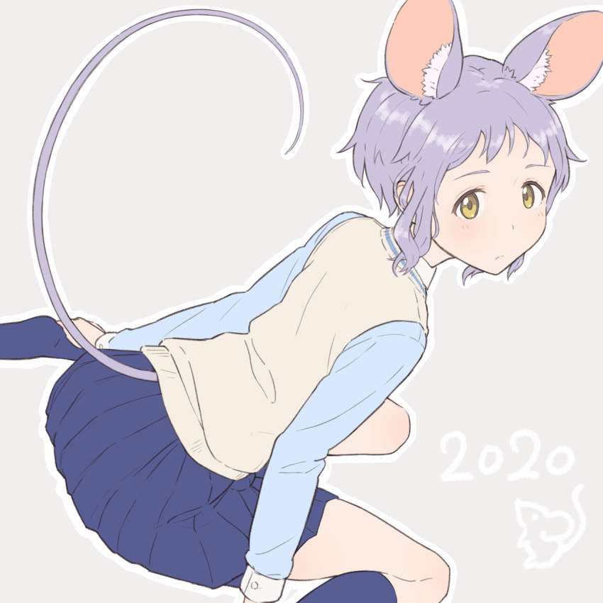 1girl 2020 animal_ear_fluff animal_ears bangs blue_legwear blue_shirt blue_skirt brown_vest chinese_zodiac expressionless highres idolmaster idolmaster_million_live! light_blush long_sleeves looking_back makabe_mizuki mouse mouse_ears mouse_girl mouse_tail new_year no_shoes on_floor over-kneehighs pleated_skirt purple_hair razi shirt short_hair sidelocks sitting skirt solo tail thighhighs vest wariza wrist_cuffs year_of_the_rat yellow_eyes
