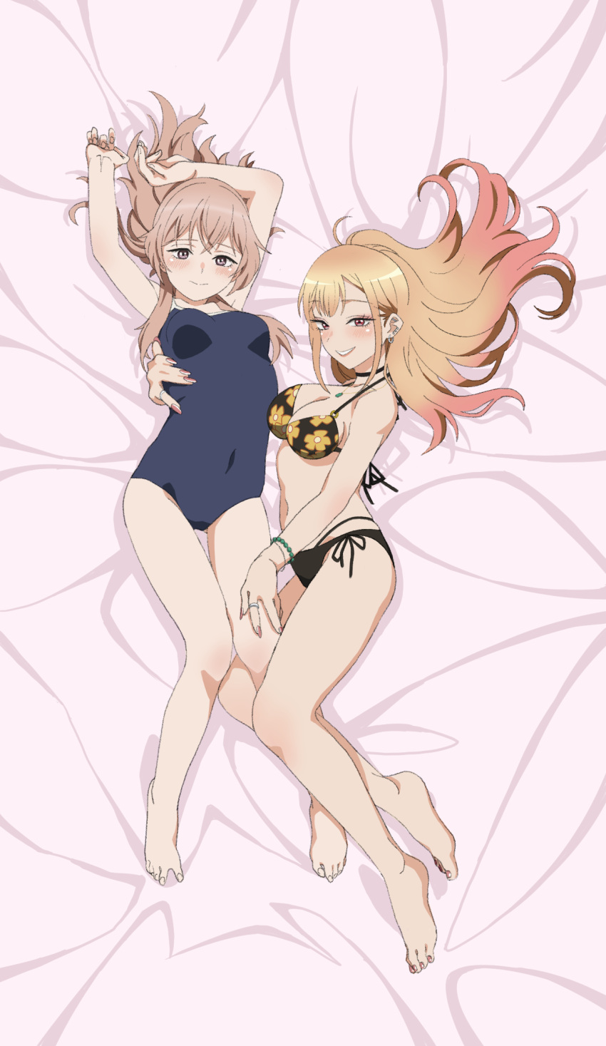 2girls arms_up barbell_piercing bare_legs barefoot bed_sheet black_hair blonde_hair blush breasts camisole colored_tips earrings feet fingernails food_print hand_on_another's_thigh highres hug industrial_piercing inui_sajuna jewelry kitagawa_marin large_breasts leaf_print lingerie long_hair lying medium_breasts midriff multicolored_hair multiple_earrings multiple_girls navel nipple_slip nipples on_back panties parted_lips peeqaboo piercing pink_background pink_eyes pink_hair pink_nails polka_dot polka_dot_panties puffy_short_sleeves puffy_sleeves red_eyes ring shiny shiny_skin shirt short_sleeves smile sono_bisque_doll_wa_koi_wo_suru stomach strawberry_print stud_earrings thighs two-tone_hair underwear white_panties white_shirt yellow_camisole