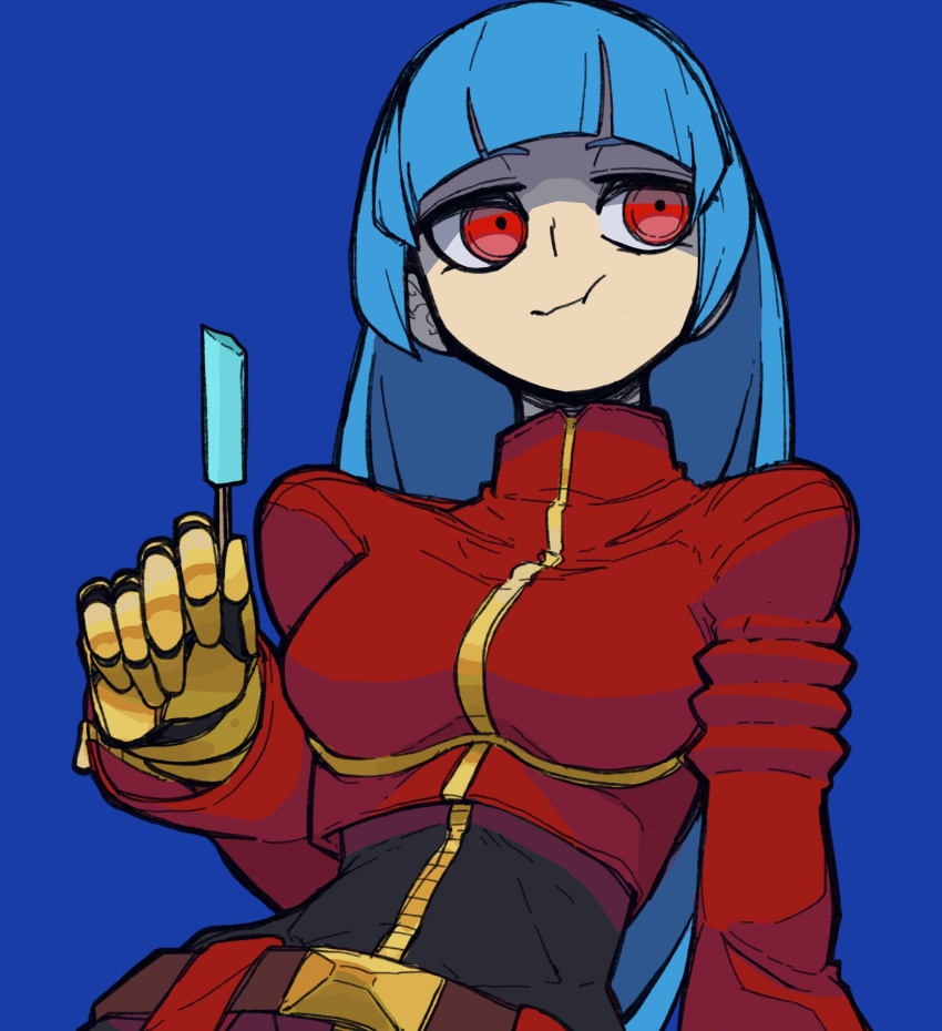 1girl bangs belt blue_hair blunt_bangs bodysuit bone_nig chaps food highres hime_cut holding holding_food jacket kula_diamond long_hair long_sleeves looking_away popsicle red_eyes red_jacket the_king_of_fighters the_king_of_fighters_xv upper_body