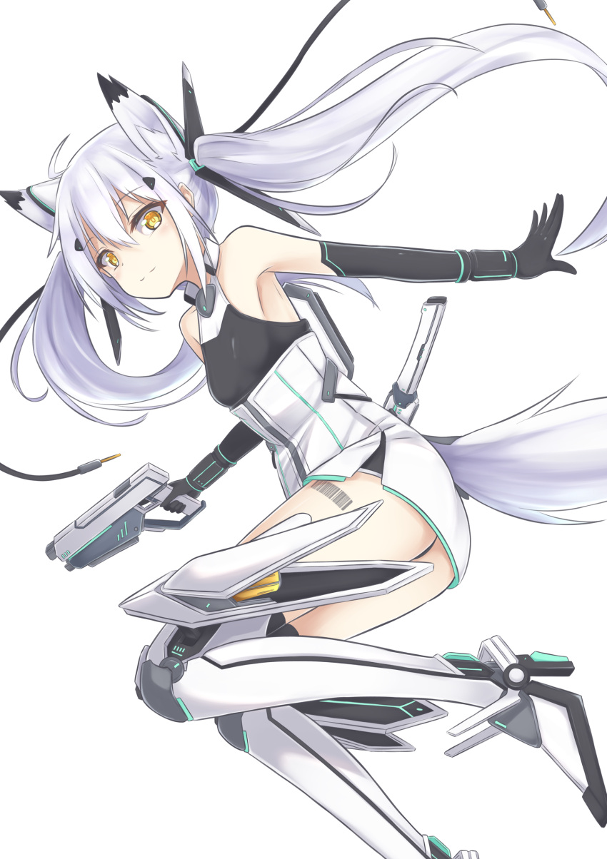 absurdres ahoge animal_ear_fluff animal_ears armpits bangs barcode barcode_tattoo black_panties boots breasts commentary_request dress elbow_gloves eyebrows_visible_through_hair fox_ears fox_girl fox_tail gloves gun hair_between_eyes halter_dress halterneck highres holding holding_gun holding_weapon katana knee_boots looking_at_viewer original panties sidelocks simple_background small_breasts sword tail tattoo twintails underwear weapon white_background white_hair yellow_eyes yukishiro_haku