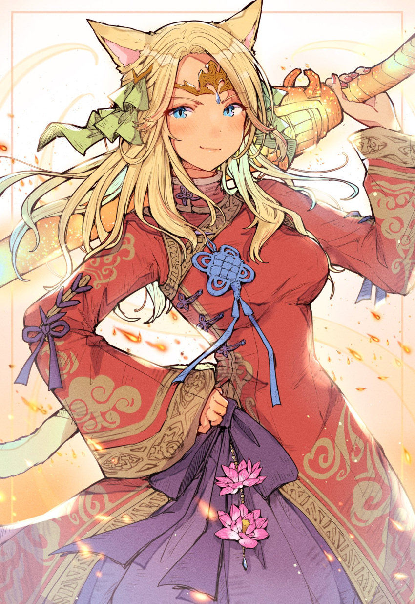 1girl animal_ears bangs bead_band bell_sleeves blonde_hair blue_eyes blush bow breasts chinese_clothes chinese_knot circlet closed_mouth cowboy_shot curled_fingers dress dress_bow final_fantasy final_fantasy_xiv flower green_ribbon gunblade gunbreaker_(final_fantasy) hair_over_shoulder hair_ribbon hand_on_hip highres holding holding_weapon long_hair looking_at_viewer lotus medium_breasts miqo'te mokokoiro parted_bangs petticoat purple_bow purple_ribbon red_dress red_nails ribbon sideways_glance slit_pupils smile smug solo tail toggles weapon weapon_behind_back