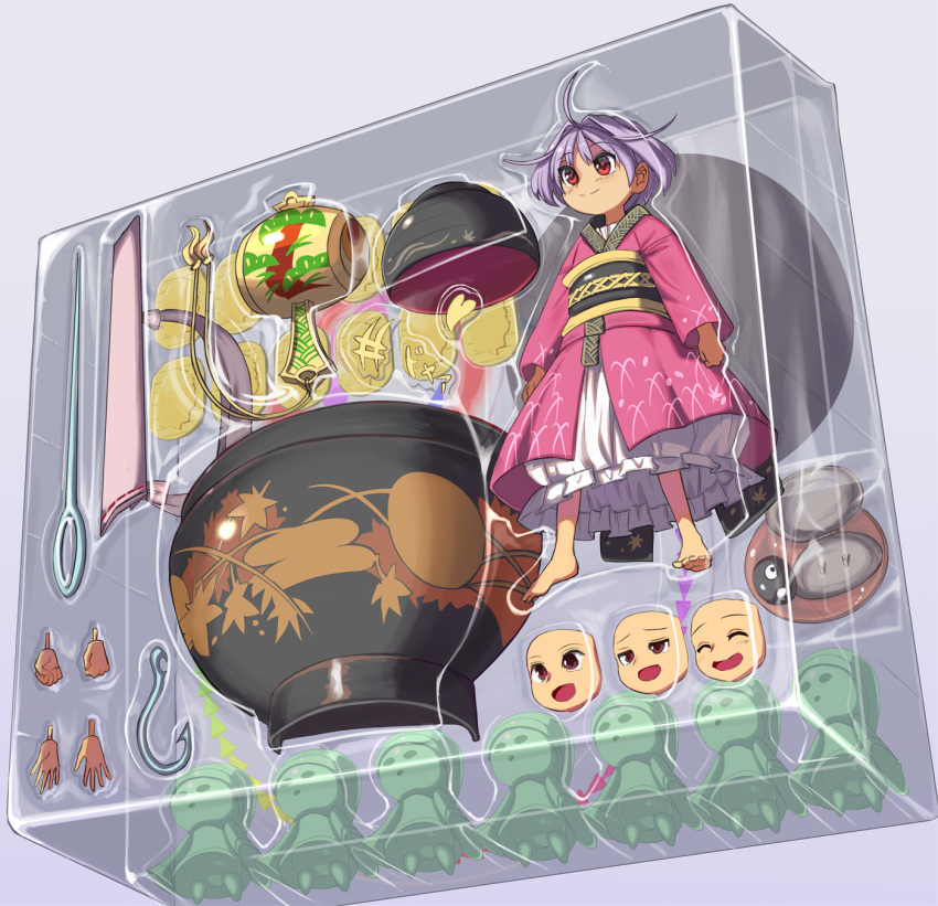 1girl ahoge bangs barefoot bowl box closed_eyes closed_mouth expressions figure full_body grey_background highres hook japanese_clothes kimono long_sleeves miracle_mallet needle open_mouth purple_hair red_eyes red_kimono sash shope short_hair simple_background smile solo sukuna_shinmyoumaru touhou