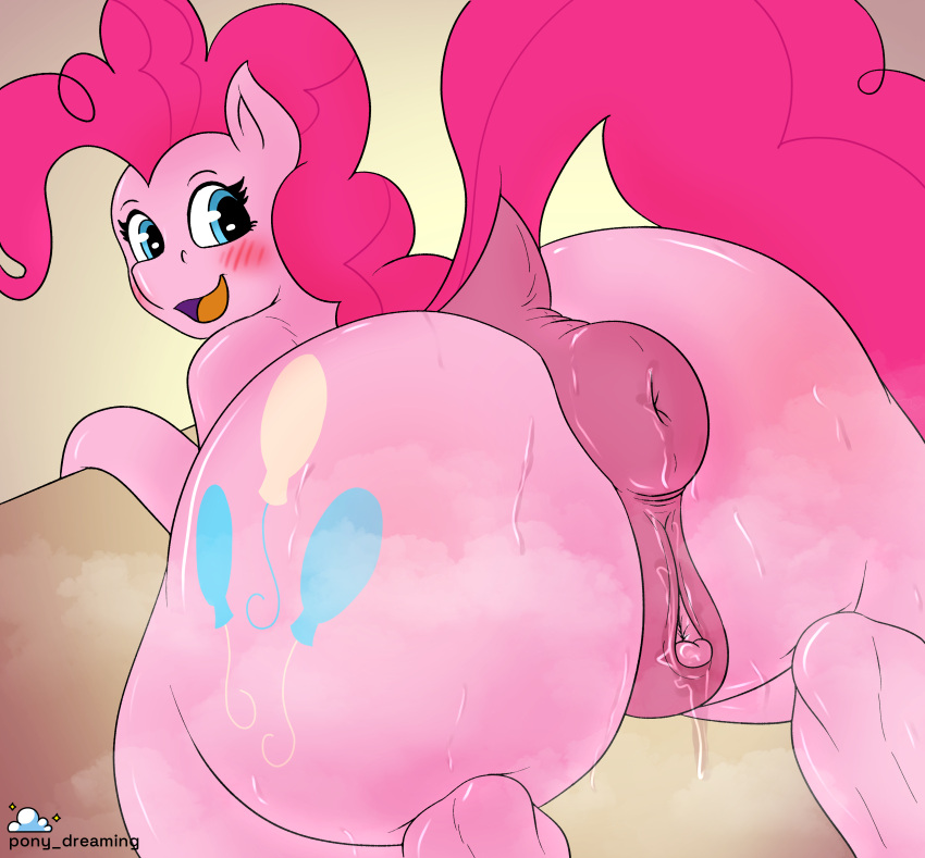 absurd_res anus big_butt blue_eyes blush bodily_fluids butt clitoral_winking clitoris cutie_mark dripping earth_pony equid equine female feral friendship_is_magic genital_fluids genitals hair hasbro hi_res horse large_anus looking_at_viewer looking_back low-angle_view mammal mane my_little_pony open_mouth open_smile pink_body pink_hair pink_mane pink_tail pinkie_pie_(mlp) pony pony_dreaming presenting presenting_anus presenting_hindquarters presenting_pussy puffy_anus pussy pussy_juice pussy_juice_drip pussy_juice_string raised_tail rear_view smile solo sweat sweatdrop sweaty_anus sweaty_butt tongue wide_hips