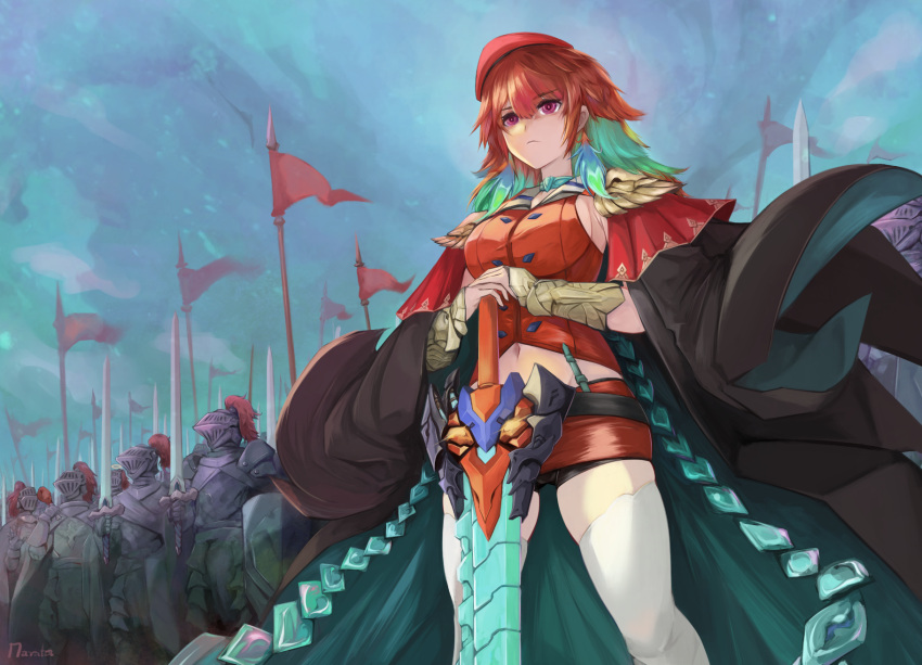 1girl 6+others adapted_costume aqua_choker armor army black_coat breastplate byleth_(fire_emblem) byleth_(fire_emblem)_(female) byleth_(fire_emblem)_(female)_(cosplay) choker closed_mouth coat coat_on_shoulders cosplay earrings english_commentary feather_earrings feathers fire_emblem fire_emblem:_three_houses flag full_armor gauntlets green_hair hair_between_eyes hands_on_hilt hat helm helmet highres holding holding_sword holding_weapon hololive hololive_english jewelry long_hair looking_afar midriff multicolored_hair multiple_others navel open_hand orange_hair outdoors pauldrons purple_eyes red_headwear revision shield shoulder_armor signature standing sword takanashi_kiara thighhighs tunnarata vambraces virtual_youtuber weapon white_legwear