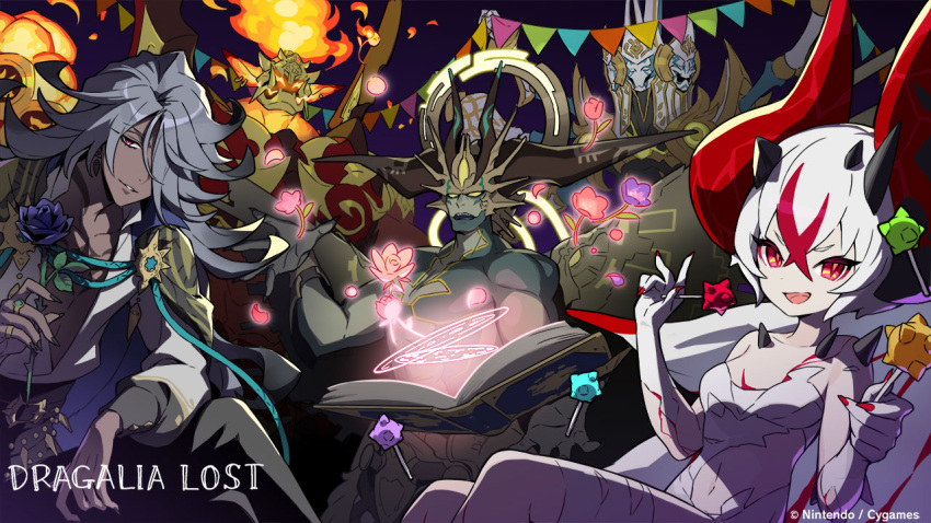 1girl 4boys book candy character_request clothing_cutout dark-skinned_male dark_skin dragalia_lost dragon_horns elbow_gloves flower food gloves grey_hair hair_over_one_eye holding holding_flower holding_food horns lilith_(dragalia_lost) lollipop long_hair long_sleeves looking_at_viewer magic multicolored_hair multiple_boys nail_polish navel navel_cutout official_art open_book pink_flower purple_flower purple_rose red_eyes red_hair red_nails rose short_hair slit_pupils smile streaked_hair wavy_hair white_gloves white_hair